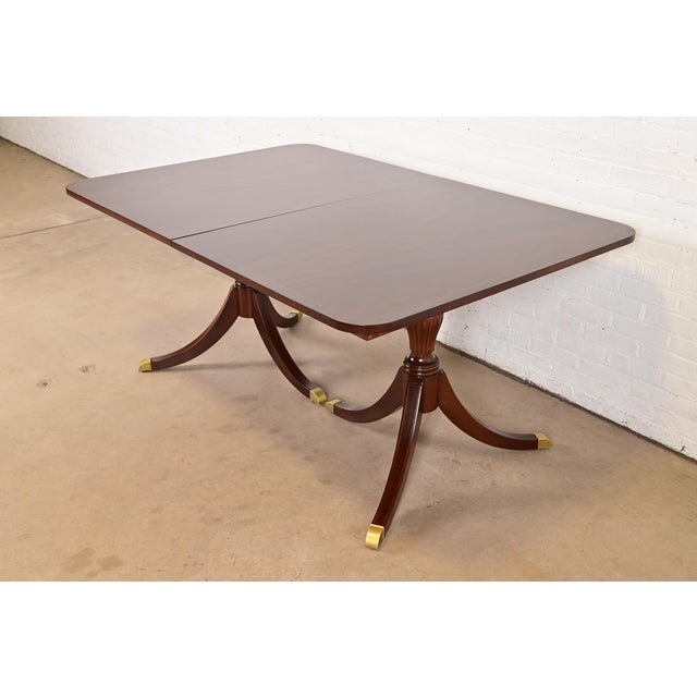 Baker Furniture Style Georgian Banded Mahogany Double Pedestal Extension Dining Table, Newly Refinished For Sale In South Bend - Image 6 of 11