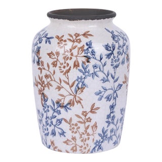 Vintage Blue Chinoiserie Ceramic Flower Vase For Sale