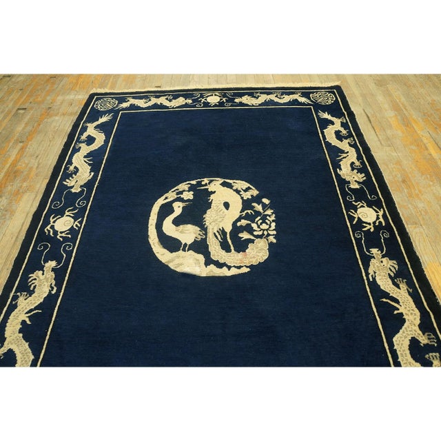 1900 - 1909 1900s Blue Navy Dragon Crane Medallion Antique Chinese Peking Carpet Rug For Sale - Image 5 of 7