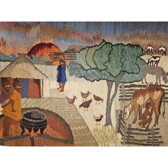 3’ 7” x 5’ Beauty in Simplicity! Vintage Hand Woven African Tapestry Depicting Life Scenes Around a Village. Beauty in...