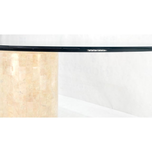 Wood Racetrack Oval Glass Top Single Tessellated Marble Pedestal Base Dining Table For Sale - Image 7 of 12