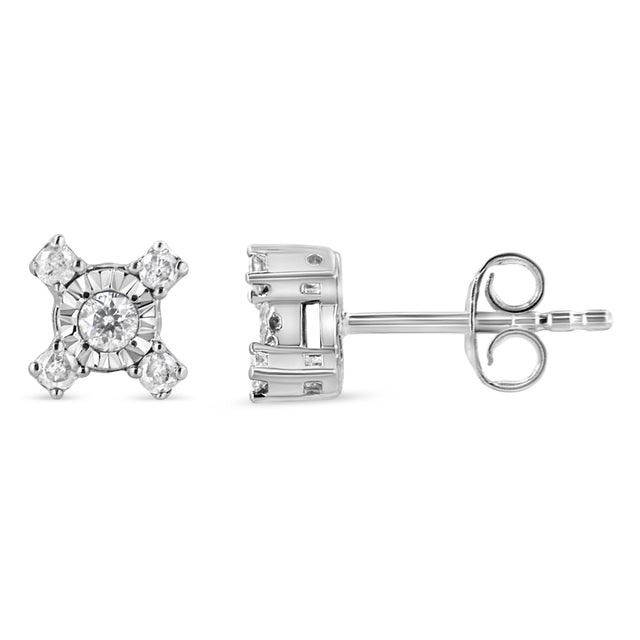 These earrings are unique twist on the classic everyday studs. A sparkling round-cut diamond is set in a miracle setting...