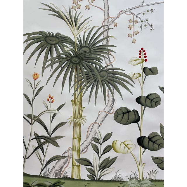Chinoiserie Tropical Hand-Painted Wallpaper Panels, Soft Off-White Background With Floral & Palm Mural, Set of 3 For Sale - Image 4 of 4