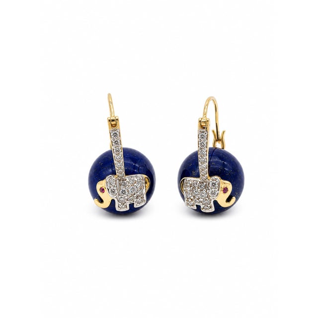 Natural Ruby, Lapis & Diamond Earring in 14k Gold For Sale In New York - Image 6 of 8