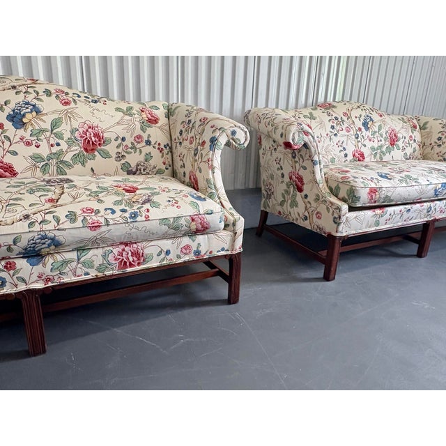 Vintage Hickory Chair Chinese Chippendale Floral Upholsterered Camelback Sofas in Lee Jofa Fabric - A Pair For Sale - Image 11 of 12