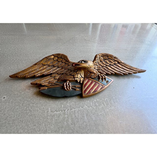 1950s Folk Art Mid-Century Artistic Carving Co. Louisburg Wood Eagle Plaque Bellamy Style Americana Wall Sculpture For Sale - Image 4 of 16
