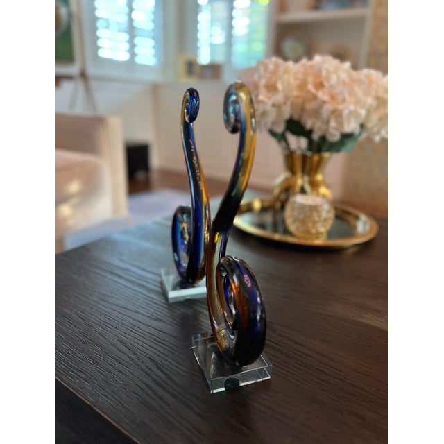 Contemporary Set of 2 Contemporary Colored Blue Clear Gold Glass Sculptures For Sale - Image 3 of 10