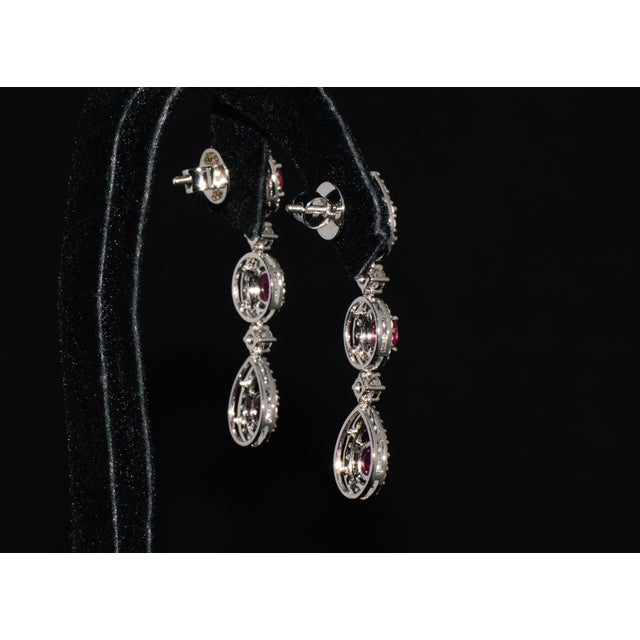 Late 20th Century Pair of Gia 3.99ctw Natural Burma Ruby & Diamond 18k White Gold Dangle Earrings For Sale - Image 11 of 13