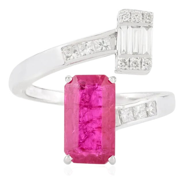 18k Gold Modern Art Ruby Open Cuff Cluster Diamond Ring Size 6 For Sale