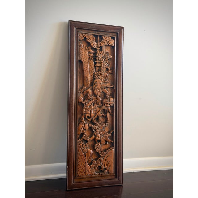 Chinoiserie Striking Vintage Chinese Teak Relief Carving Wall Panel Chinoiserie Hollywood Regency Asian Wall Sculpture For Sale - Image 3 of 12