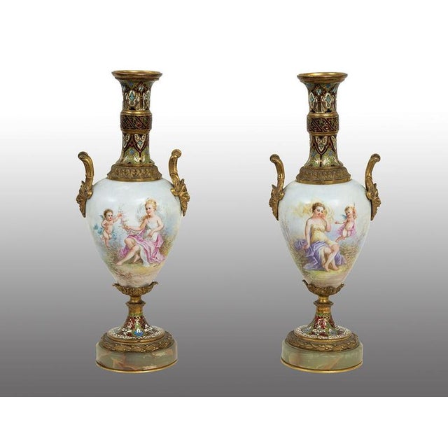 Antique Napoleon III Vases in Polychrome Sevres Porcelain and Cloisonné, France, 19th Century, Set of 2 For Sale - Image 4 of 4