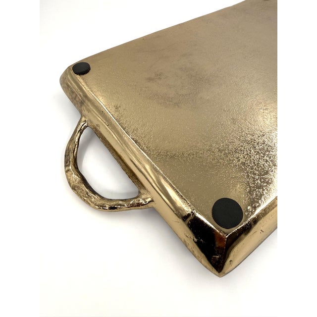 Gold Large Indian Textured Antique Gold Forged in Herringbone Serving Tray With Handles For Sale - Image 8 of 11