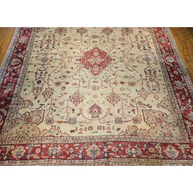 Antique Turkish Oushak Rug, Hand-Knotted Wool, Allover Geometric Pattern, Tan & Red, 14' X 15' For Sale - Image 11 of 18