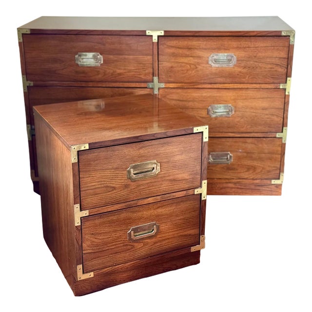 Midcentury Bernhardt Campaign Chest of Drawers and Nightstand Set of 2 For Sale