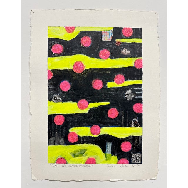 A colorful work on paper from mid career artist Ben Junta Acrylic, Collage, Pink Glitter on Paper 15" x 11.5"