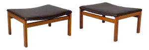 Set of Mid-Century Modern Italian Ottoman in Brown Leather and Wood, 1960s