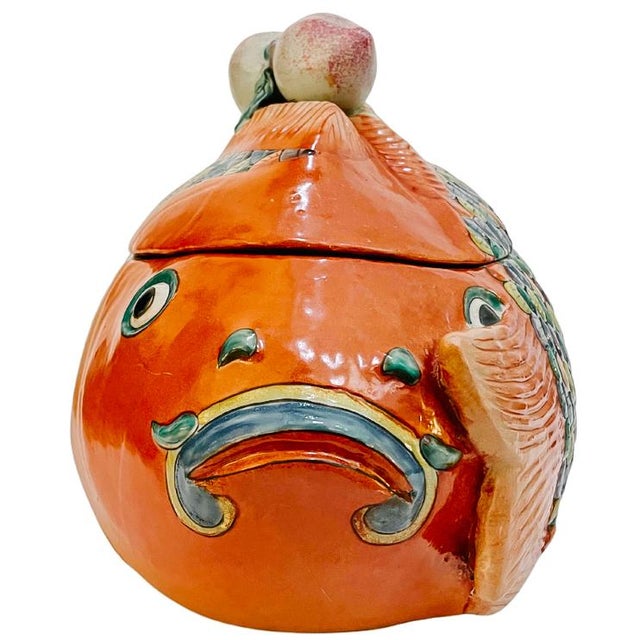 Chinoiserie Mid 20th Century Chinese Hand-Painted Famille Rose Two Head Koi Fish Form Tureen For Sale - Image 3 of 8