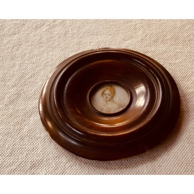 Gold Early American Federal Portrait Miniature, Oil on Bone Canvas, Original Roundel Frame, Circa 1830 For Sale - Image 8 of 10