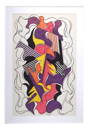 Vintage 1970s Mid-Century Modern Abstract Pen & Colored Ink Painting by Irving Richards