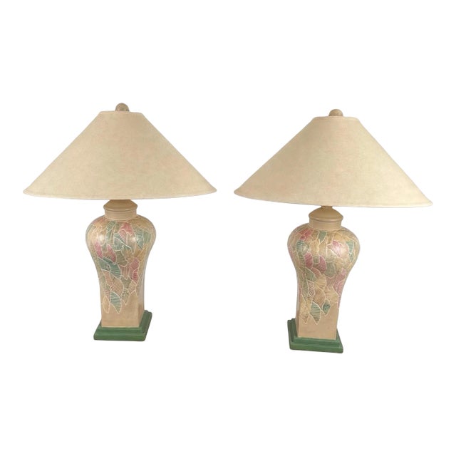 Pair Vintage Francisco Ceja Tropical Leaf Lamps, Postmodern Pastel Palm Leaf Design Set of 2 For Sale