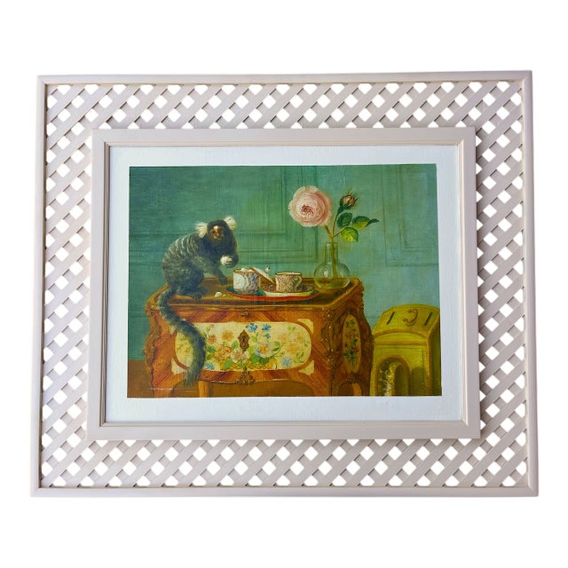 1980s Louis Tessier, a Marmoset Monkey Taking Sweets on a Painted Commode Giclée Reproduction Print on Canvas in Lattice Frame For Sale