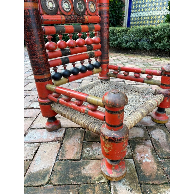Antique 1900s Indian Punjabi Red Black and Tan Hand Carved and Hand Painted Wood and Cane