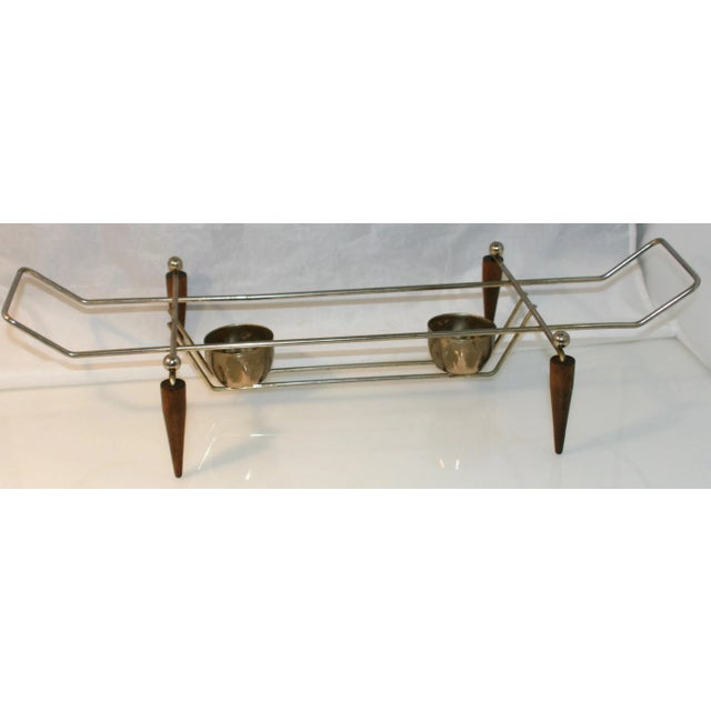 Gold Mid Century Modern Teak & Gold Tone Metal Footed Large Rectangular Casserole Stand Warmer For Sale - Image 8 of 9