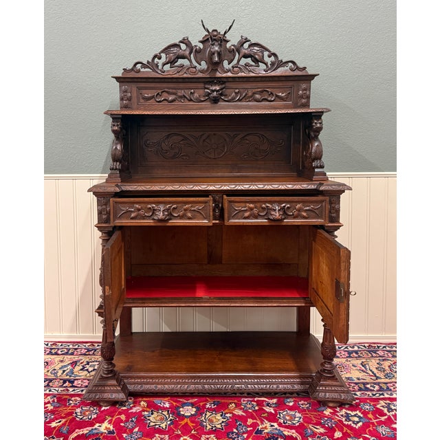 Antique French Renaissance Revival Hunt Buffet Server Sideboard Dark Oak 19c For Sale In Dallas - Image 6 of 17