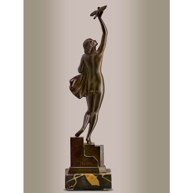 Metal Pierre Le Faguays, Nude Woman with a Dove, 1930, Bronze & Marble For Sale - Image 7 of 10