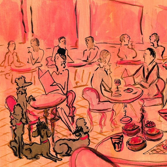 Four elegant poodles accompany their owner for a light bite at the Rose Bar while waiters serve classic ice cold martinis.