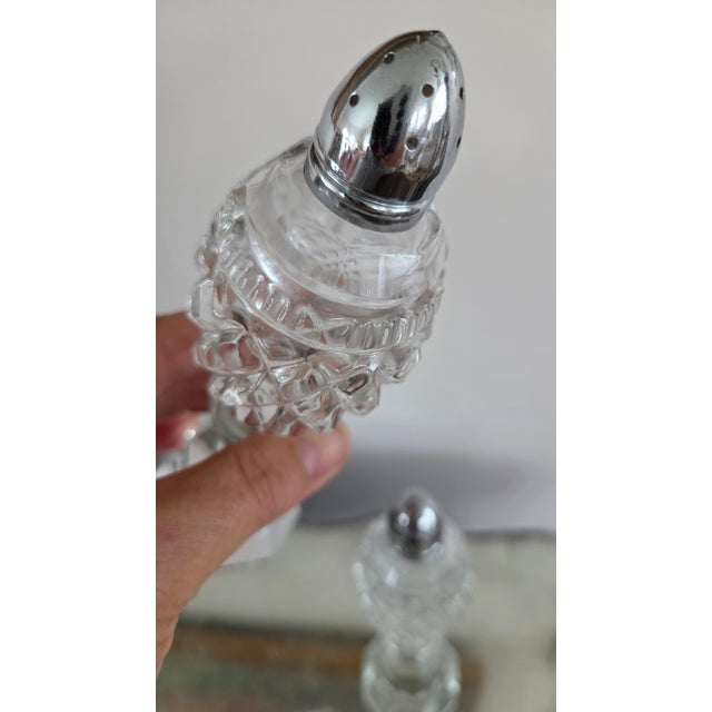 Vintage Tall Faceted Crystal-Glass Salt and Pepper Shakers With Silver-Tone Caps For Sale - Image 10 of 16