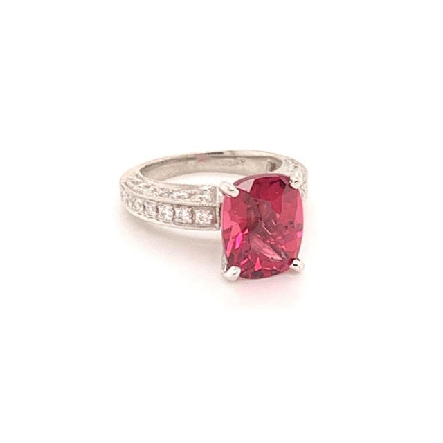 Diamond Tourmaline Rubellite Ring 3 Platinum 3.72 TCW Certified For Sale - Image 4 of 17