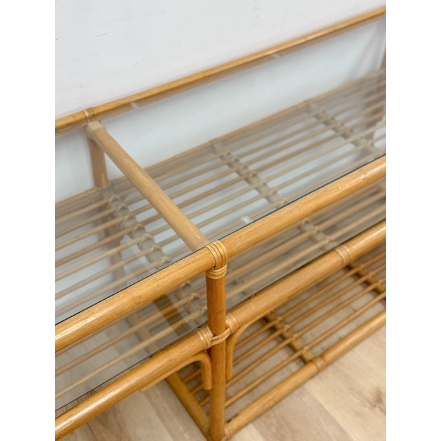 Vintage Console Table Rattan Two-Tier Glass Top Coastal Entryway Sofa Table Rare For Sale - Image 13 of 13