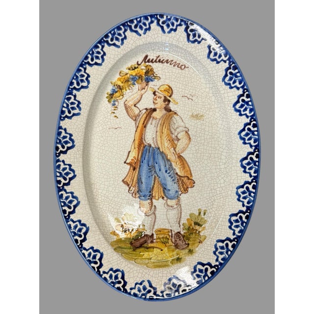 Italian Vintage Antique Italian Fiancé Hand Painted 16" Oval Serving Dish Tray Autunno For Sale - Image 3 of 4