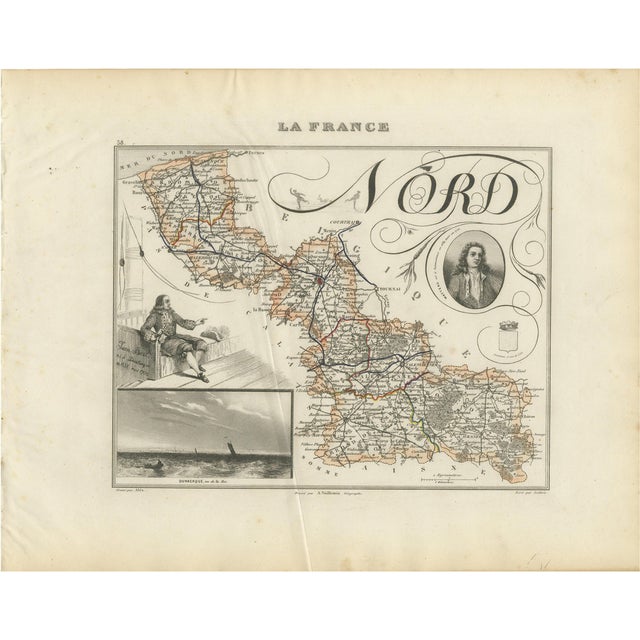 Antique Map of Nord by Vuillemin, France, 1850 For Sale