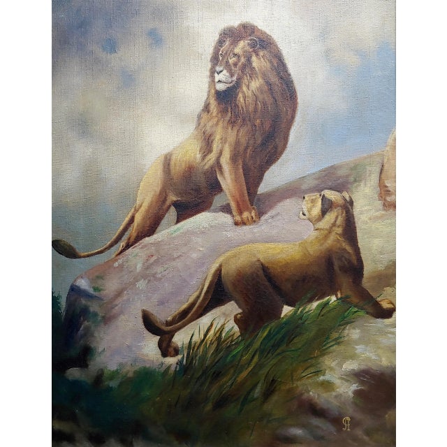 Victorian Pair of Lions - 19th Century Victorian Oil Painting on Canvas For Sale - Image 3 of 9