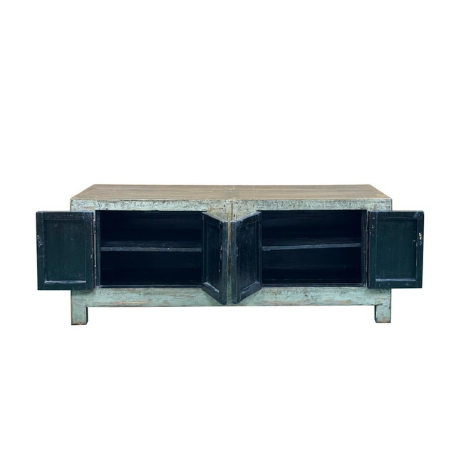 Distressed Light Teal Gray Low Doors Hardware Console Sideboard Cabinet For Sale - Image 4 of 12