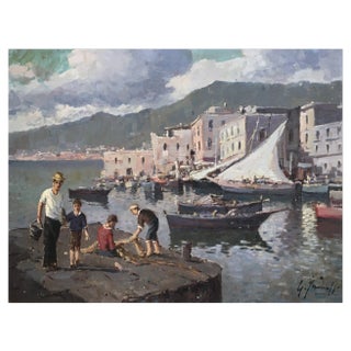 Giuseppe Iannicella, Village de pêcheurs et réparation des filets - côte amalfitaine, Oil on Wood For Sale
