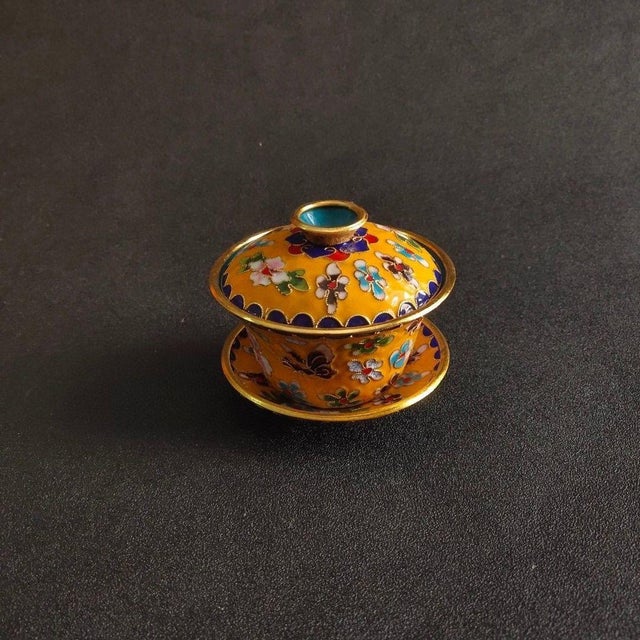 Mid 20th Century Vintage Chinese Yellow Cloisonné Enamel Floral "Three-Piece" Tea Bowl Set For Sale - Image 5 of 6