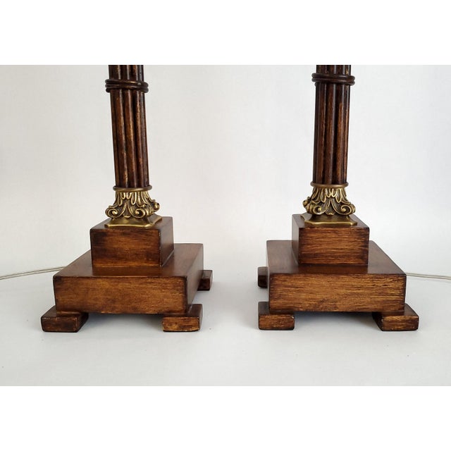 Lamp Pair & Shades Faux Metal Bamboo Restored For Sale - Image 11 of 18