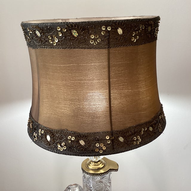 Vintage Neoclassical Style Waterford Brilliant Cut Pitcher Vase Table Lamp With Beaded and Sequined Brown Shade For Sale In Chicago - Image 6 of 12