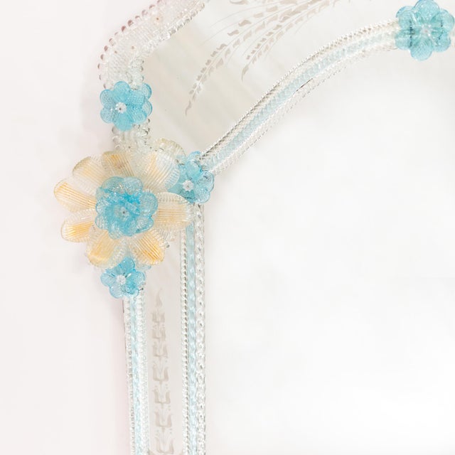 49-Inch Mid-Century Venetian/Murano Mirror With Turquoise Gold Infused Flowers For Sale - Image 14 of 18