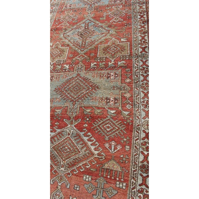Sub-Geometric Medallion Design Persian Heriz Antique Runner in Red and Gray-Blue For Sale - Image 9 of 12