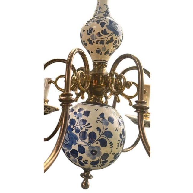 Mid-Century Modern Mid 20th Century Delft Blue & White Porcelain Floral Hanging Chandelier Light Fixture 6 Arm For Sale - Image 3 of 10