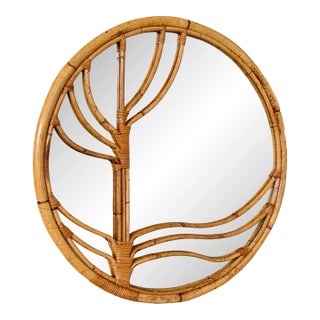 1960s Italian Rattan and Bamboo Round Mirror for Raymor For Sale