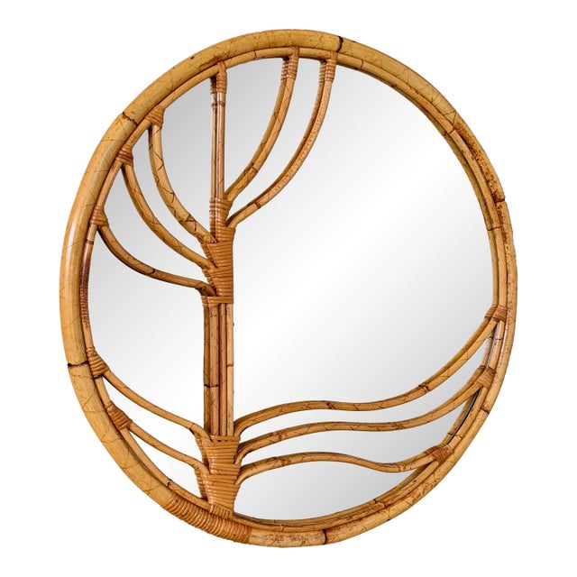 1960s Italian Rattan and Bamboo Round Mirror for Raymor For Sale