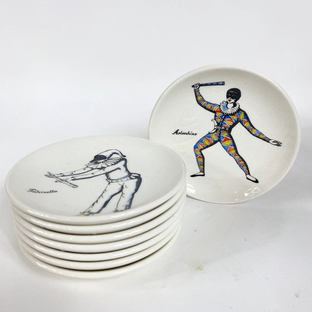 “Maschere Italiane” Circus Porcelain Coasters by Piero Fornasetti - Set of 8 For Sale - Image 9 of 9
