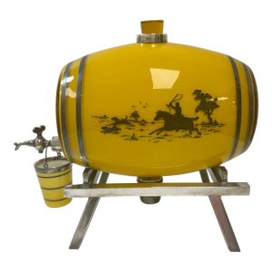 Vintage English Table Top Yellow Painted Glass and Sterling Brandy Keg