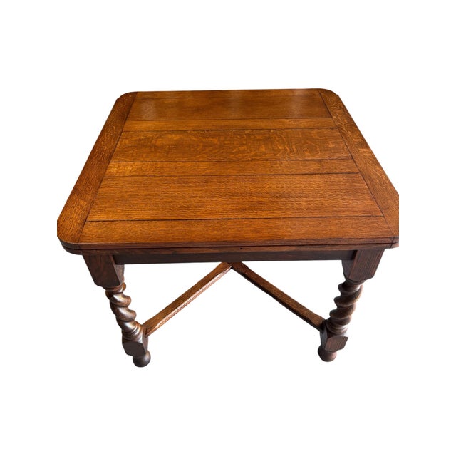 American 1930s Solid Quarter Sawn Oak Barley Twist Draw Leaf Table. For Sale - Image 3 of 8