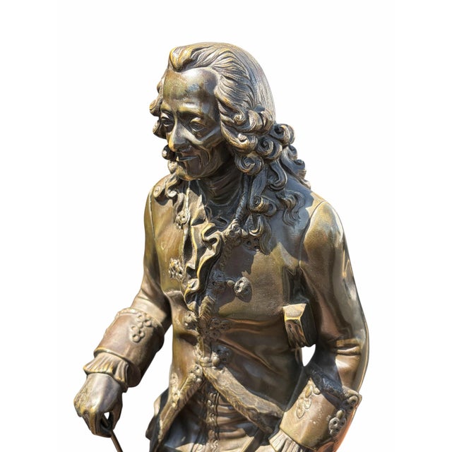 Metal Fine Pair 19th Century Bronze & Marble Classical Sculptures Voltaire & Rousseau For Sale - Image 7 of 11